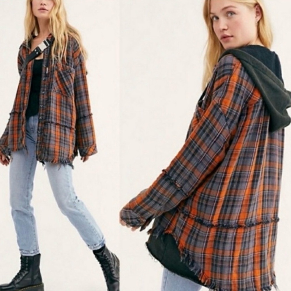 We the Free Calico Basin Plaid Flannel Hooded size  S
